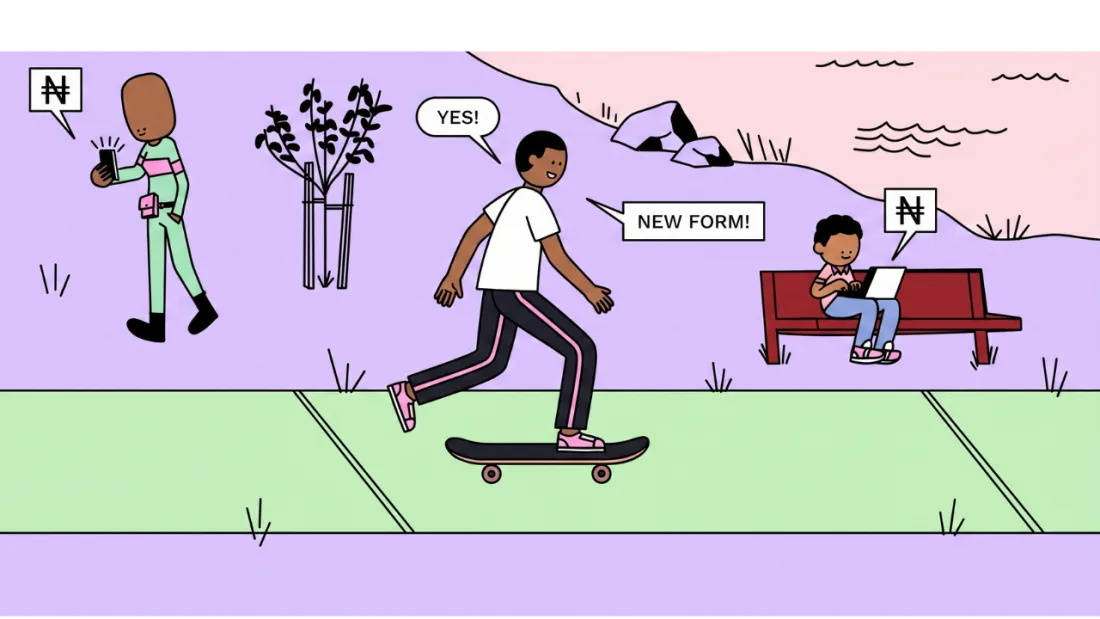 People out in a park — one getting paid on their phone, a skater shouting 'New form!', and someone earning on a bench with a laptop